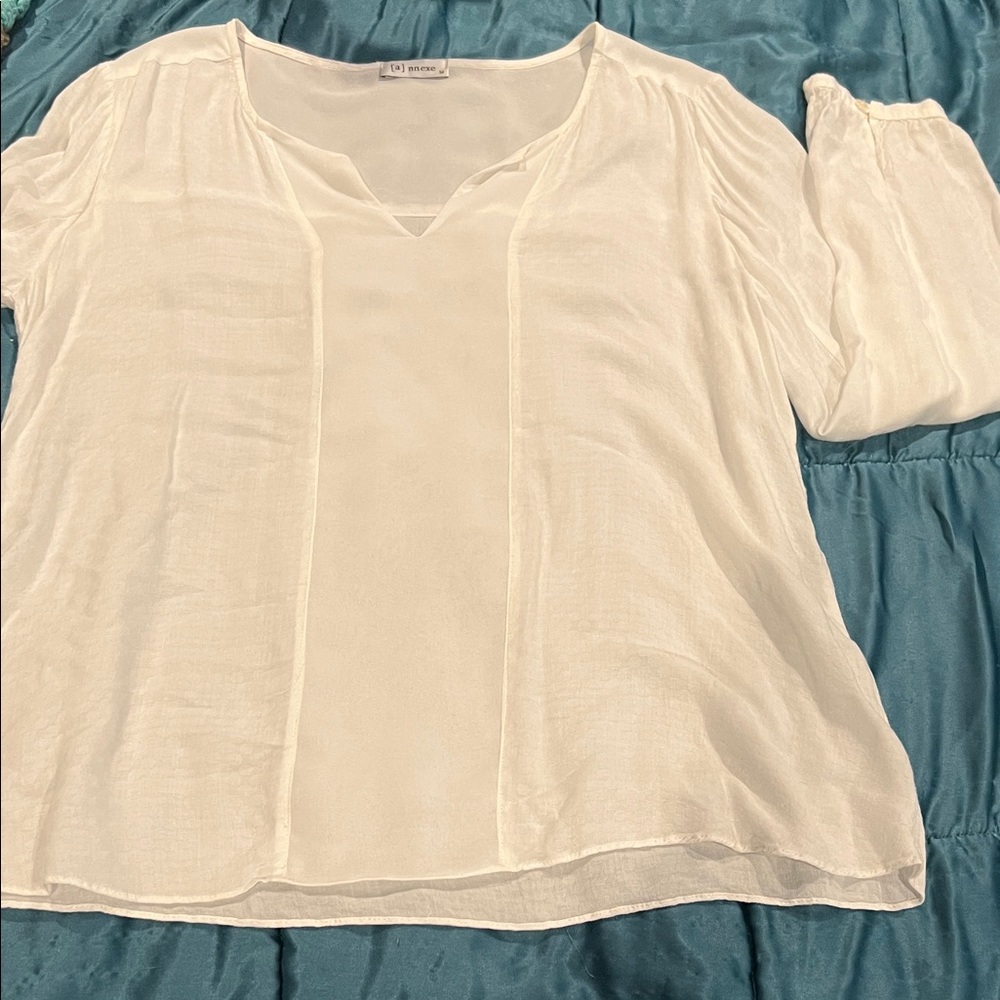 Eileen Fisher style soft white  V-Neck Sheer Long-Sleeve Blouse